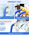 Reinforced Polyurethane Blue Air Hose with 12mm outer diameter, 10 meter length showing flexibility in temperature and pressure tests.