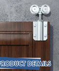 Close-up of Beefy Four Wheel Trolley Barn Door Rollers Kit mounted on a wooden barn door for 1-3/4 inch rails, heavy duty use