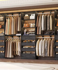 Rock Solid Black Oak L Shaped Closet Organizer System With Twelve Super Spacious Drawers And Four Expandable Hanging Rods. Stylish setup with hanging clothes and accessories.