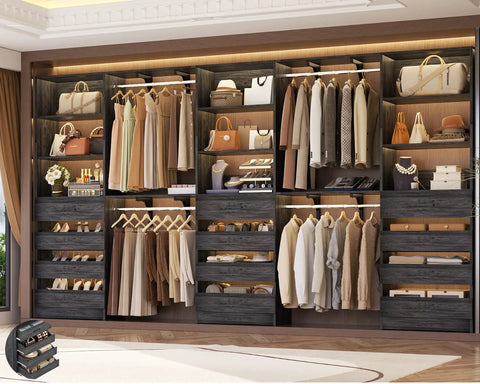 Rock Solid Black Oak L Shaped Closet Organizer System With Twelve Super Spacious Drawers And Four Expandable Hanging Rods. Stylish setup with hanging clothes and accessories.