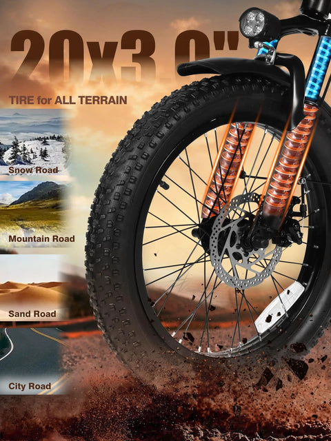 Beast 1200W Folding Fat Tire Ebike With 48V 13Ah Battery, NFC Unlock, Step-Through Cargo Frame, 20x3 Fat Tires, Up To 55 Miles, Speeds Over 20 MPH, 7-Speed Gearing, Black front 20x3 all-terrain fat tire