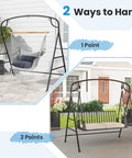 Heavy Duty Metal Swing Frame With A Frame Stand shown with one-point hammock and two-point porch swing setup in garden.