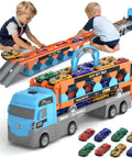 Kids playing with 2-in-1 Foldable Race Track Truck Playset For Kids Ages 4 To 8 Transforms From Carrier To A 55 Inch Foldable Track