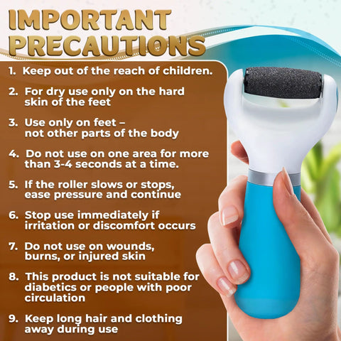 Hand holding Battery Powered Foot Callus Remover For Dead Skin Exfoliation Easy At Home Pedicure Tool with precautions list