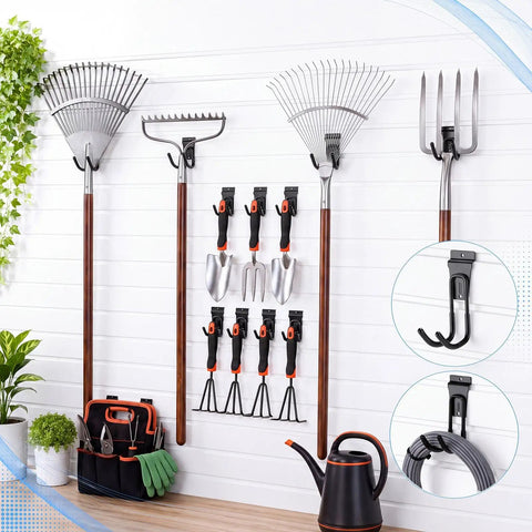 Bulk 12 Pack Heavy Duty Slat Wall Hooks Black J Shape Hangers displaying garden tools on slatwall panel