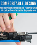 Hand using Universal Dual Head Coaxial Compression Tool for F BNC and RCA connectors with quick adjust dial on coax cable