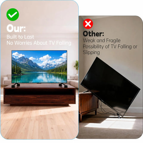 Comparison of Four Pack Stackable TV Stand Riser Blocks With Half Inch Adjustable Height, highlighting stability vs risk of TV falling.