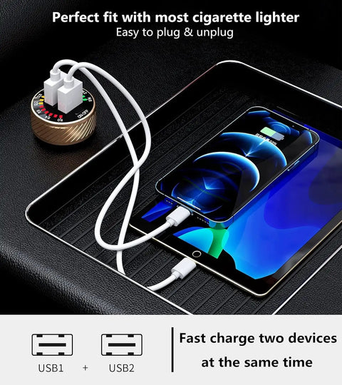 36W Dual USB Quick Charge 3.0 Car Charger Adapter For Smartphones plugged into vehicle lighter, charging two devices simultaneously.