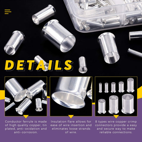 166Pcs Copper Wire Ferrule Assortment Kit With 8 Sizes Of Copper Crimp Fittings In Tinned Finish For Electrical Cable Ends, Ideal For Quick, Secure Terminals And Reliable DIY Wiring Projects, 8 tin-plated copper ferrules shown in detail