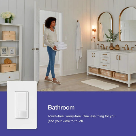 Motion Sensor Light Switch For Indoor Use No Brainer Auto On Auto Off Occupancy Vacancy Sensor Single Pole in bathroom setting