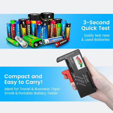 Magnetic Battery Tester For AA AAA C D 9V And 1.5V Button Cells With Secure Magnetic Hold Delivers Fast Accurate Checks On Household Alkaline Batteries No Drama. handheld battery tester showing AA, AAA, C, D, 9V and button cells