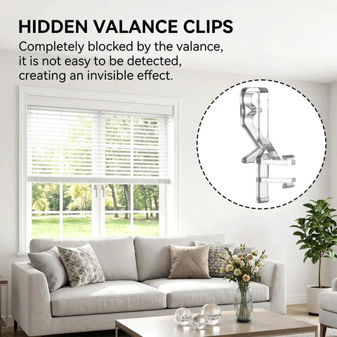 Twenty Four Piece Set Of Clear Flexible Plastic Valance Clips For Faux Wood Blinds And Hidden Groove Channels in a home setting.