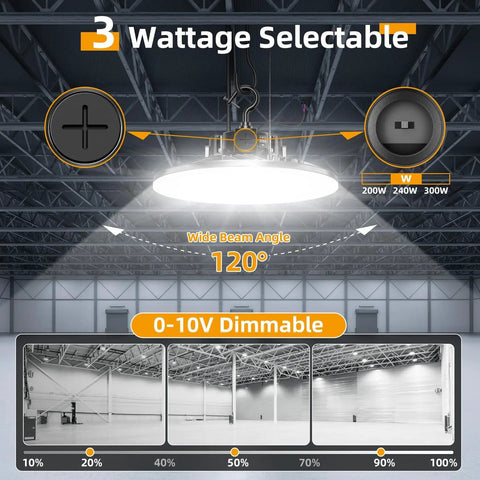 UFO LED High Bay Light 300W 43500 Lm 5000K Up And Down Lighting Shop Light with beam angle and dimmable settings