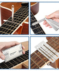 Guitar Tool Kit For Setup And Repair Pro Luthier Maintenance Pack with fret leveling beam, ruler, and gauge on a guitar