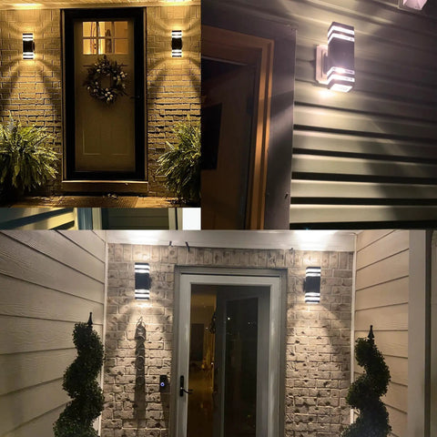 Slick Modern Black Outdoor Wall Light Two Pack Weatherproof Exterior Sconce for house, illuminating porch and entryway.