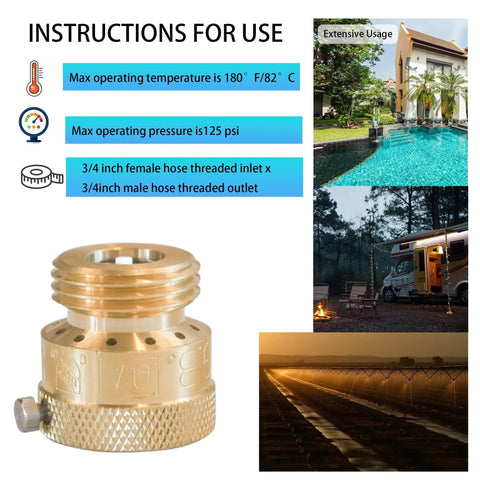 Close-up of 2 Pack Faucet Vacuum Breaker Backflow Preventer For Three Quarter Inch Solid Brass Hose Bib Garden Spigot And RV Water Lines Prevent Contaminants Durable Brass Valve With No Fuss Easy Install.