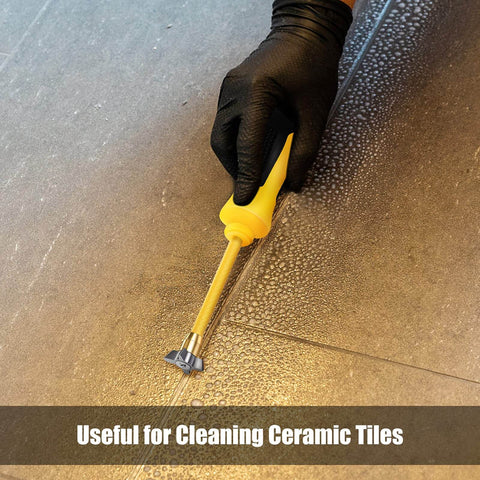 4 In 1 Grout Removal Tool Scraper With Tungsten Carbide Head cleaning ceramic tile joint with glove on hand