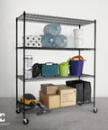 4 Tier Heavy Duty Wire Shelving Unit With Wheels And Leveling Feet, 60 Inch Wide Garage Storage Rack, Commercial Grade Steel Open Shelf, Adjustable Height, Mobile Utility Shelving For Shop, Basement, Or Pantry. Black wire rack with wheels, holding garage and storage items