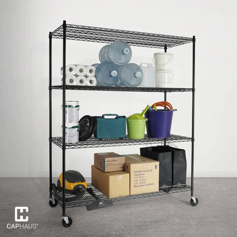 4 Tier Heavy Duty Wire Shelving Unit With Wheels And Leveling Feet, 60 Inch Wide Garage Storage Rack, Commercial Grade Steel Open Shelf, Adjustable Height, Mobile Utility Shelving For Shop, Basement, Or Pantry. Black wire rack with wheels, holding garage and storage items