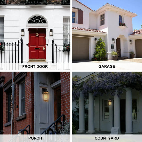 Collage of Outdoor Dusk To Dawn Sensor Wall Sconce Lighting on front door, garage, porch, courtyard locations