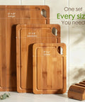 Top Shelf Deep Carbonized Bamboo Cutting Board With Sturdy Wood Storage Stand showing three sizes: large, medium, and small.