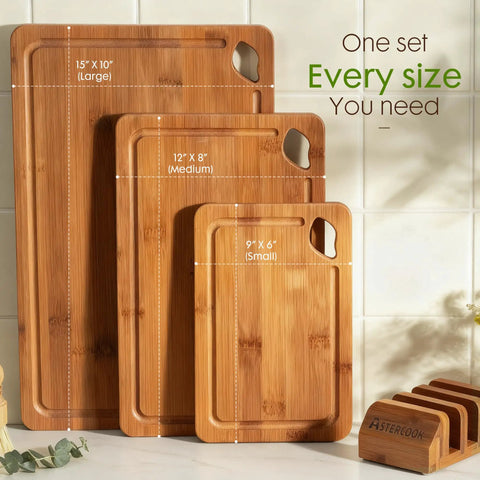 Top Shelf Deep Carbonized Bamboo Cutting Board With Sturdy Wood Storage Stand showing three sizes: large, medium, and small.