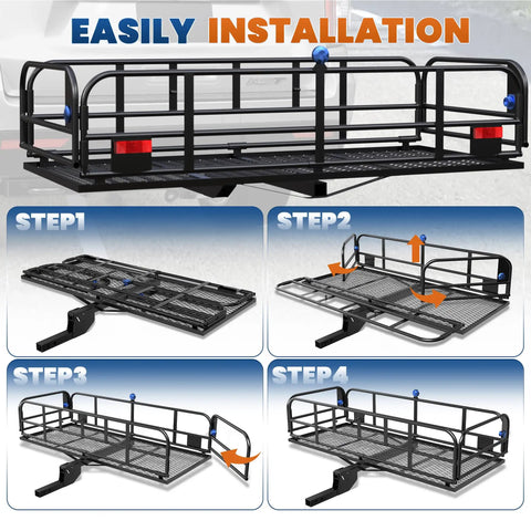 Installation steps of 60 Inch Folding Hitch Mount Cargo Carrier Basket, 500 lb capacity, fits 2 inch receiver, on SUV truck.