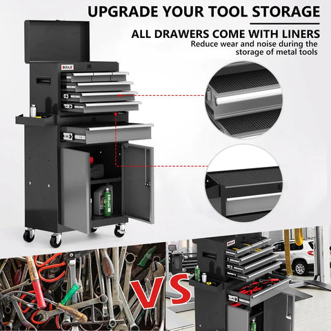 7 Drawer Tool Chest On Wheels, 40 Inch Rolling Metal Toolbox With Detachable Top, Sturdy Garage Storage Cabinet For Home Workshop, Includes Hooks, Liners, Tray Divider, Heavy Duty Black, open doors and drawer liners
