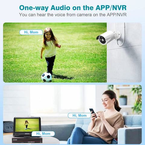 Expandable 10 Channel Wireless Security Camera System With 10.1 Inch Monitor showing one-way audio feature with surveillance footage.