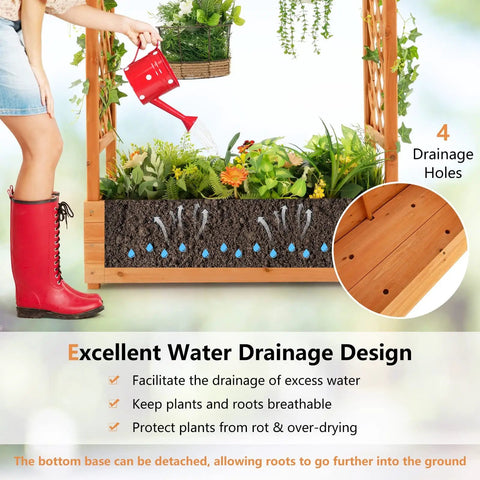 Raised Garden Bed With Arch Trellis For Outdoor Climbing Vines, wood planter box showing water drainage design