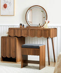 Wave Vanity Desk With Lighted Round Mirror And Modern Walnut Finish, Makeup Table With Drawer And Cabinet Storage, Bench Seat