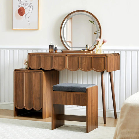 Wave Vanity Desk With Lighted Round Mirror And Modern Walnut Finish, Makeup Table With Drawer And Cabinet Storage, Bench Seat