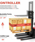 Top Rated Heavy Duty Electric Forklift Walkie Pallet Stacker with 5.5 to 27 Inch adjustable forks lifting boxes, 3300 lbs capacity.