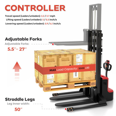 Top Rated Heavy Duty Electric Forklift Walkie Pallet Stacker with 5.5 to 27 Inch adjustable forks lifting boxes, 3300 lbs capacity.
