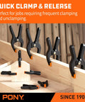 Heavy Duty Nylon Spring Clamp Set With Adjustable Jaw Pads in use for woodworking, showcasing quick clamp and release feature.