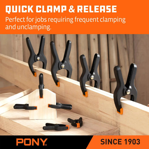Heavy Duty Nylon Spring Clamp Set With Adjustable Jaw Pads in use for woodworking, showcasing quick clamp and release feature.