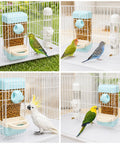 Top Tier Bird Water And Food Dispenser Set With Snap On Magnetic Tray And Drip Free Design For Parakeets Cockatiels And Lovebirds Zero Stress Maintenance in a bird cage with colorful birds.