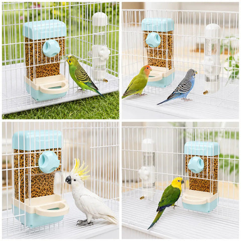 Top Tier Bird Water And Food Dispenser Set With Snap On Magnetic Tray And Drip Free Design For Parakeets Cockatiels And Lovebirds Zero Stress Maintenance in a bird cage with colorful birds.