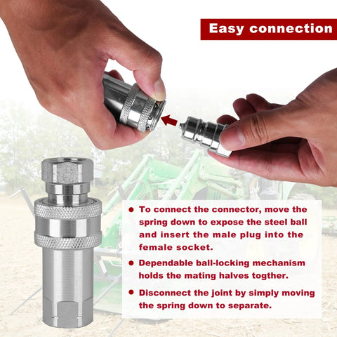 Amazon 1/2 in hydraulic quick-connect tractor coupler with two dust caps; metal plug and socket being joined