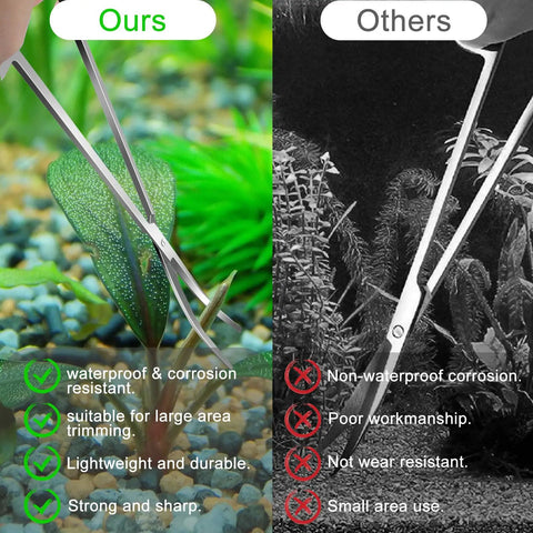 Comparison of Pro Grade 4 Piece Aquascaping Tools Set For Planted Tanks and others, showing durability and performance on plants.