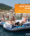 Group enjoying Blue Tropic Inflatable Five Person Pool Island Lounge Raft with backrests, cooler, and cupholders on a lake.