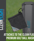 Portable Golf Ball Washer With Towel And Cap Set On The Go Clean Spin Brush System, shown attached to a golf bag.