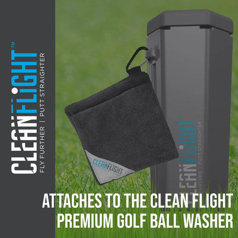 Portable Golf Ball Washer With Towel And Cap Set On The Go Clean Spin Brush System, shown attached to a golf bag.