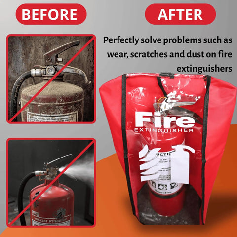 Large Fire Extinguisher Cover Pack Of 6 Heavy Duty Dustproof Scratch Resistant Protective Sleeve For 10 To 20 Lbs Units Waterproof Weatherproof Shield Clear Durable Cover For Home Office Boat Car Emergency Equipment showing before and after protection