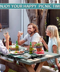 Group enjoying picnic with Waterproof 6 Foot Picnic Table Cover With Elastic Bench Covers 3 Piece Set Fitted Wood Texture