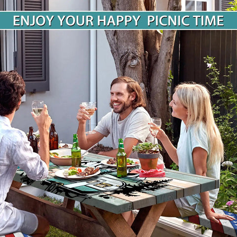 Group enjoying picnic with Waterproof 6 Foot Picnic Table Cover With Elastic Bench Covers 3 Piece Set Fitted Wood Texture