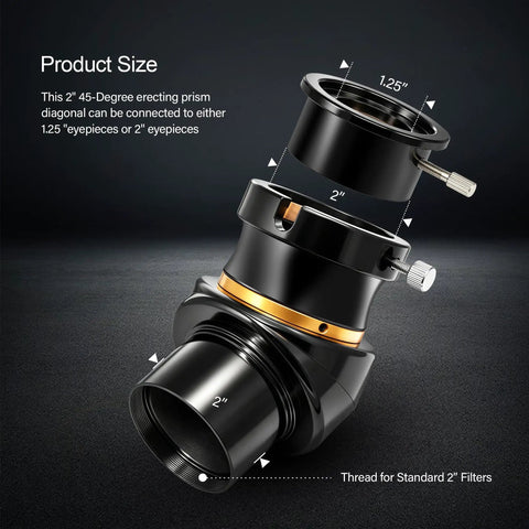 2 Inch Diagonal 45 Degree Erect-Image Prism For Telescope With BAK4 Prism And Anti-Reflective Coating Delivers Sharp Clear Views Includes 2 To 1.25 Inch Eyepiece Adapters For Quick No-Fuss Setup, showing product size and adapter thread details.