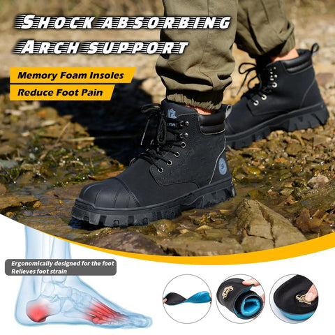 Waterproof Steel Toe Boots For Men 6 Inch Leather Work Shoes Non Slip Safety Construction Boots Indestructible Lightweight Durable Rubber Outsole Kevlar Midsole Black US Size 7.5