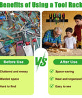 Benefits of using a tool rack comparison with cluttered tools versus organized tool rack in garage or workshop.