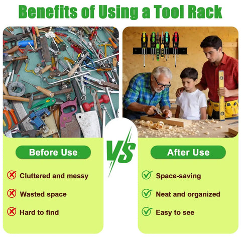 Split image showing benefits of a Wall Mounted Screwdriver And Pliers Holder With 23 Slots Heavy Duty Metal Tool Organizer Rack For Garage Workshop Shed And Workbench Must Have For DIYers, with cluttered tools before use and organized workspace after use.
